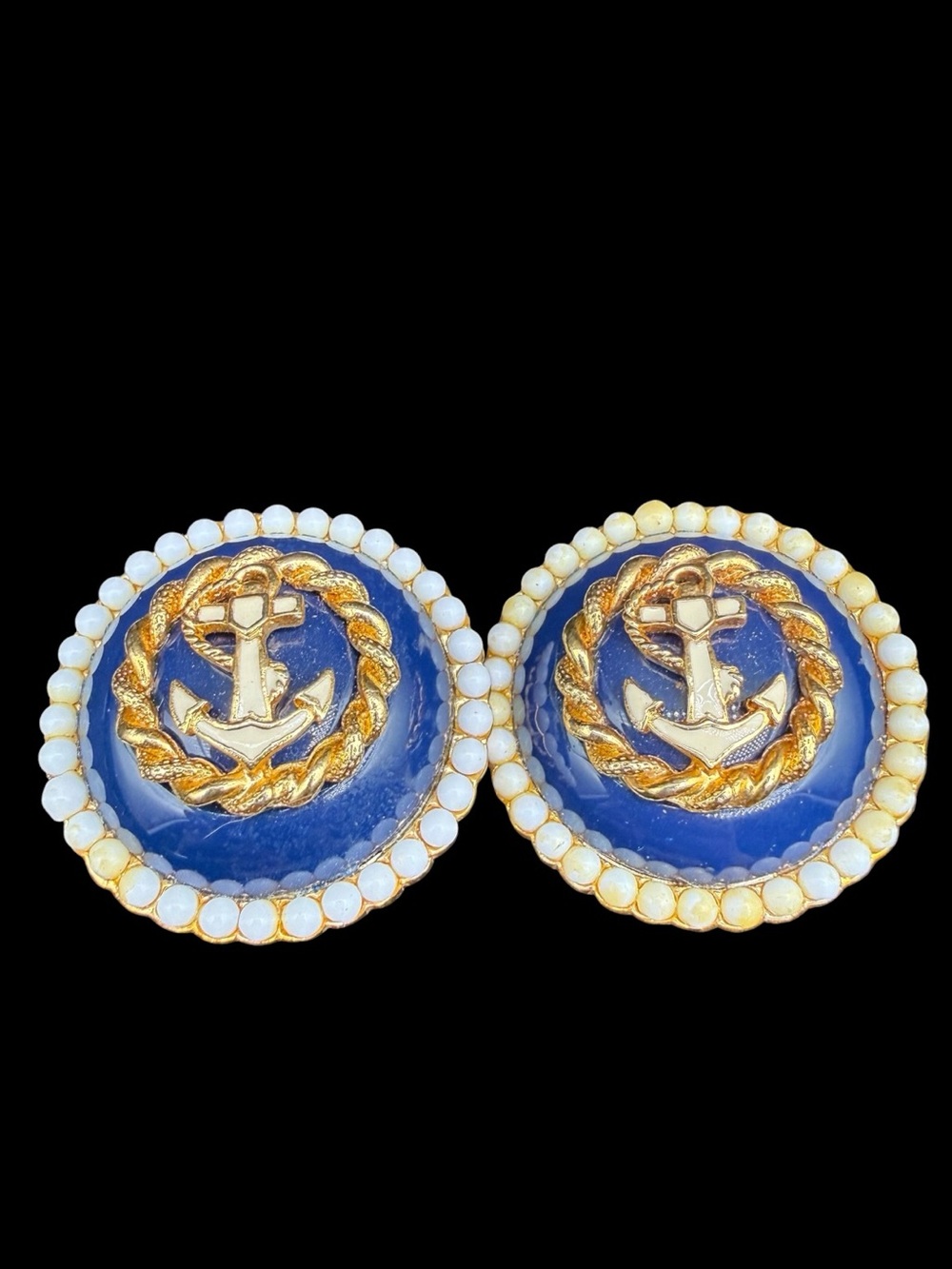 Craft Vintage 90s Navy Blue Anchor Rope Button Earrings - Gold Accent